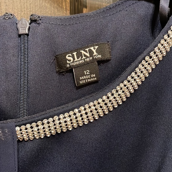 SLNY Navy Blue Rhinestone Shear Panel‎ Sleeveless Dress Size 12 - Picture 3 of 5